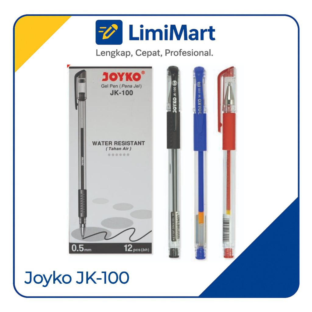 

1 Pack 12 Pcs Pulpen Gel JOYKO JK-100 0.5mm Hitam Biru Merah - LimiMart