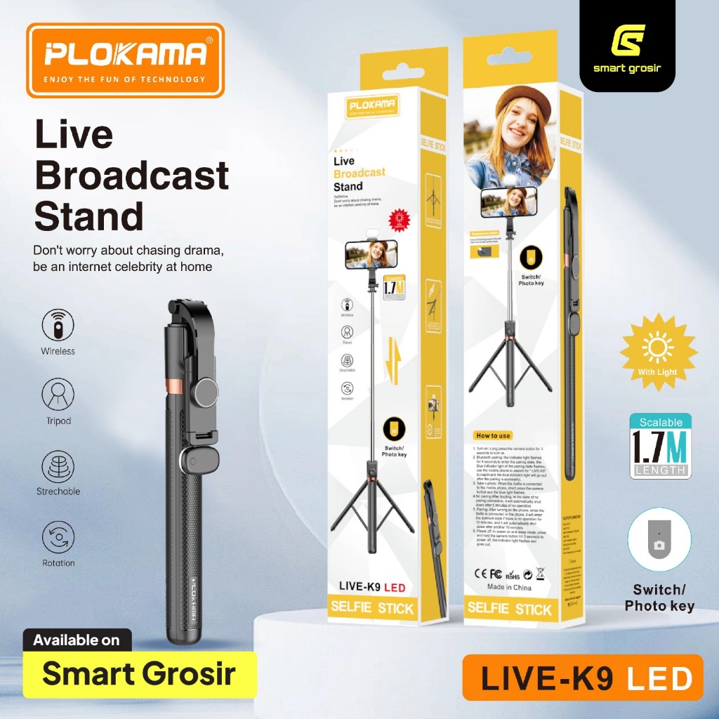 READY PLOKAMA K9 LED Tongsis Tripod Bluetooth Selfie Stick 4 In 1 Led Bluetooth Remote Tripod HP
