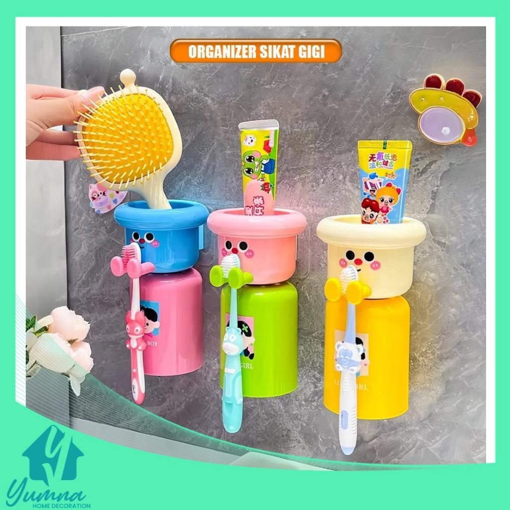 Tempat Sikat Gigi Tempel Magnet Karakter Anak Lucu / Magnetic Toothbrush Holder Set Cangkir Rak Odol
