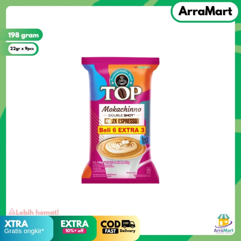 

Top Coffee Mokachinno Double Shot Kopi Bubuk 6+3 sachets x 22gr 198gram