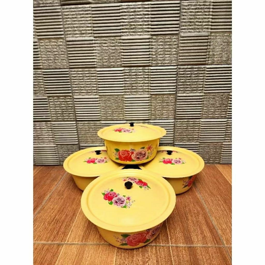 BASKOM ENAMEL TUTUP 22CM / BASKOM ENAMEL TUTUP  MOTIF BUNGA