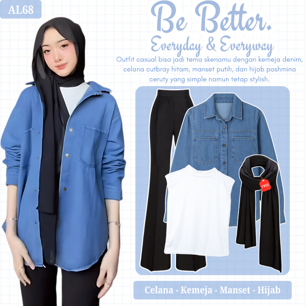 One Set Wanita Korean Style | Kemeja Denim, Celana Cutbray, Manset Inner, Hijab Pashmina Ceruty | Ou
