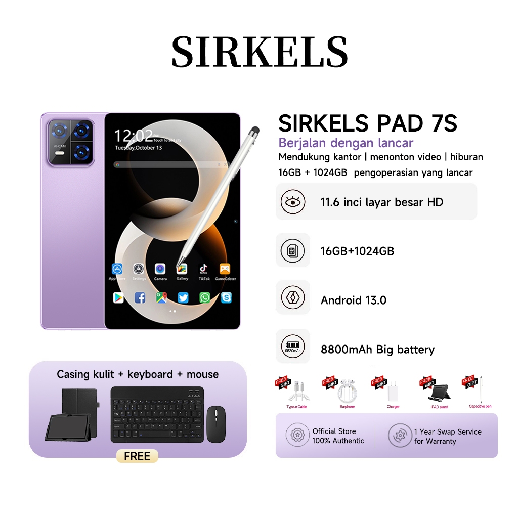 SIRKELS Tablet Pad7S | RAM 16GB + 1024GB ROM |Tablet Android 13 | 5G Dual SIM Wifi  | 8800mAh kapasi