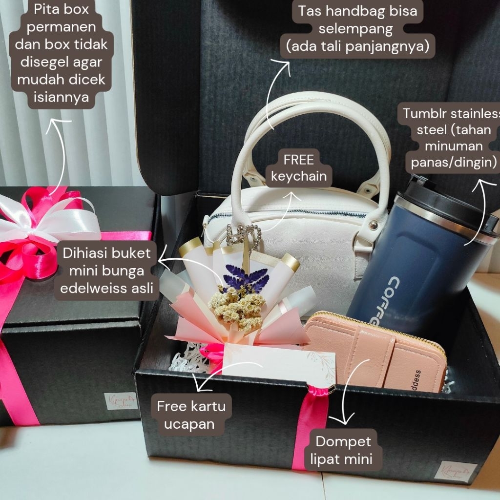 

PAKET TAS (A) hampers / Hampers tas + dompet + tumblr stainless steel 500ml / hampers ulang tahun / kado ulang tahun / hadiah ulang tahun / birthday gift / kado anniversary / kado ultah / kado untuk cewek / buket