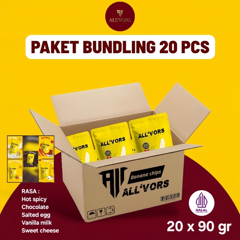 

ALL'VORS - Paket Reseller 20 Pcs Banana Chips - Free Packing Box Sablon - Keripik Pisang Premium
