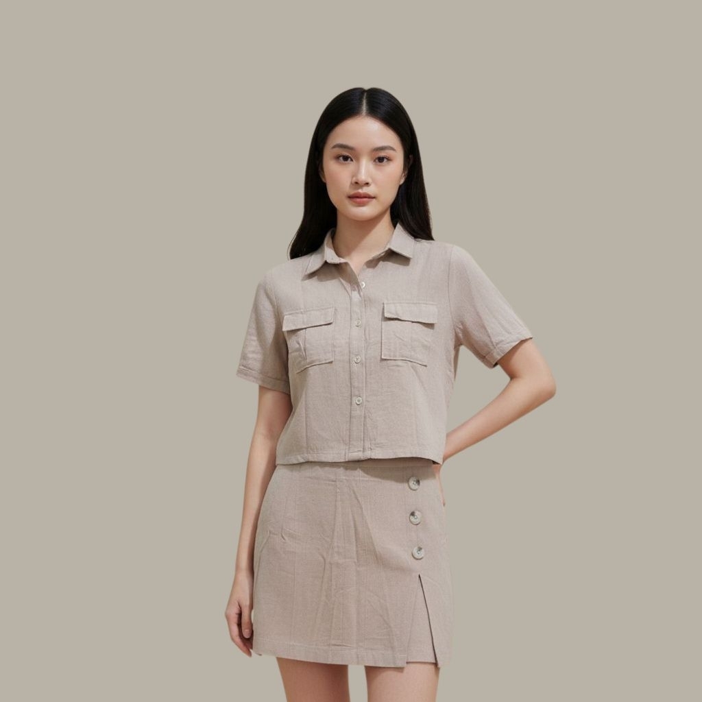 [New] 092 Yuki Set | Baju Skort Rok Celana Pendek Setelan Wanita Bahan Linen Beige