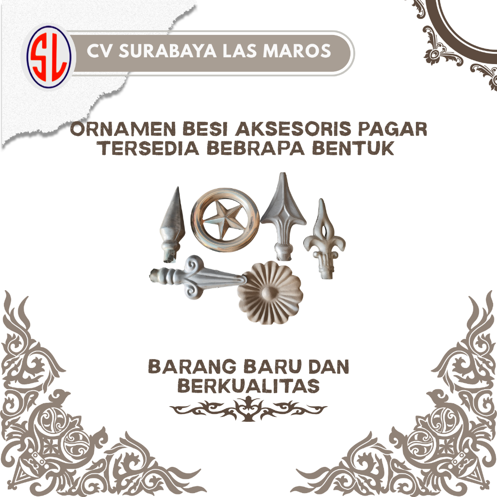 Ornamen Besi Cor Aksesoris Pagar – Motif Bunga, Bintang, Ujung Tombak & Klasik