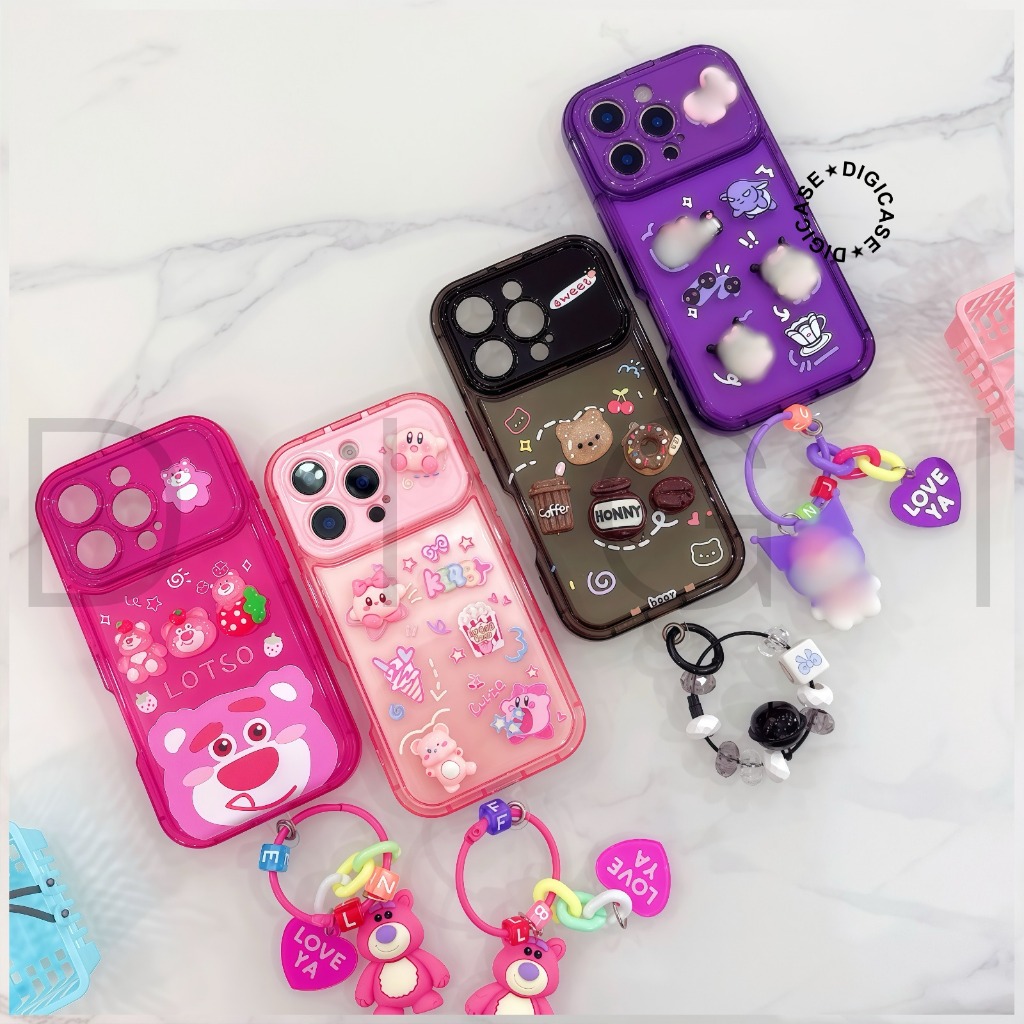 Premium Case Bear Strawberry - Coffee Oval Flip Mirror Shockproof Case With Cutie Charm Casing Softc