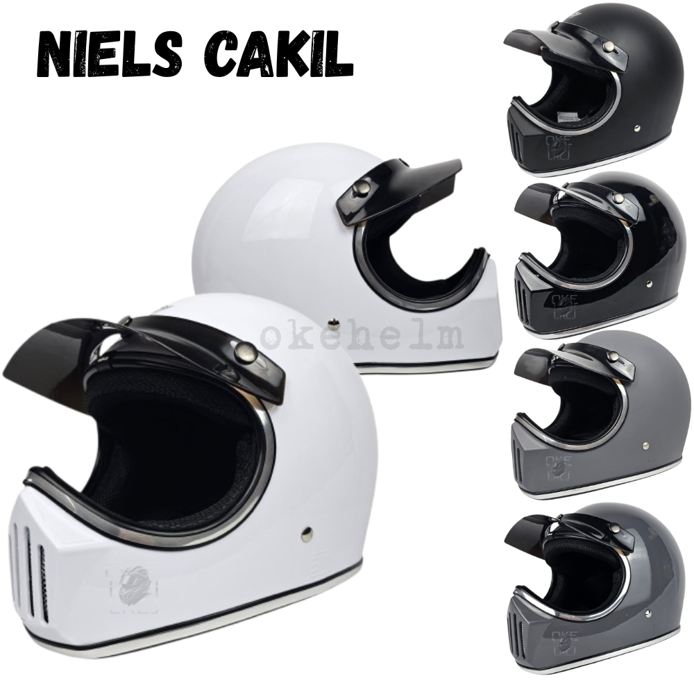 Niels - Helm Cakil Putih Full Face Retro List Chrome Free Pet Sni