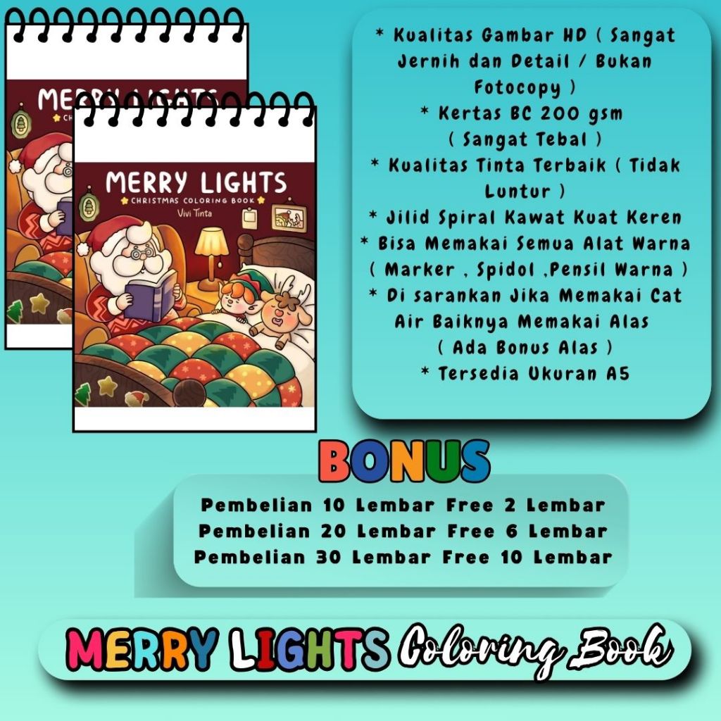 

Buku Mewarnai Tema MERRY LIGHT Christmas Coloring Book Untu Anak SD Remaja Dewasa Gambar Jelas Jernih Sudah HD Kertas 200 gsm Sangat Tebal