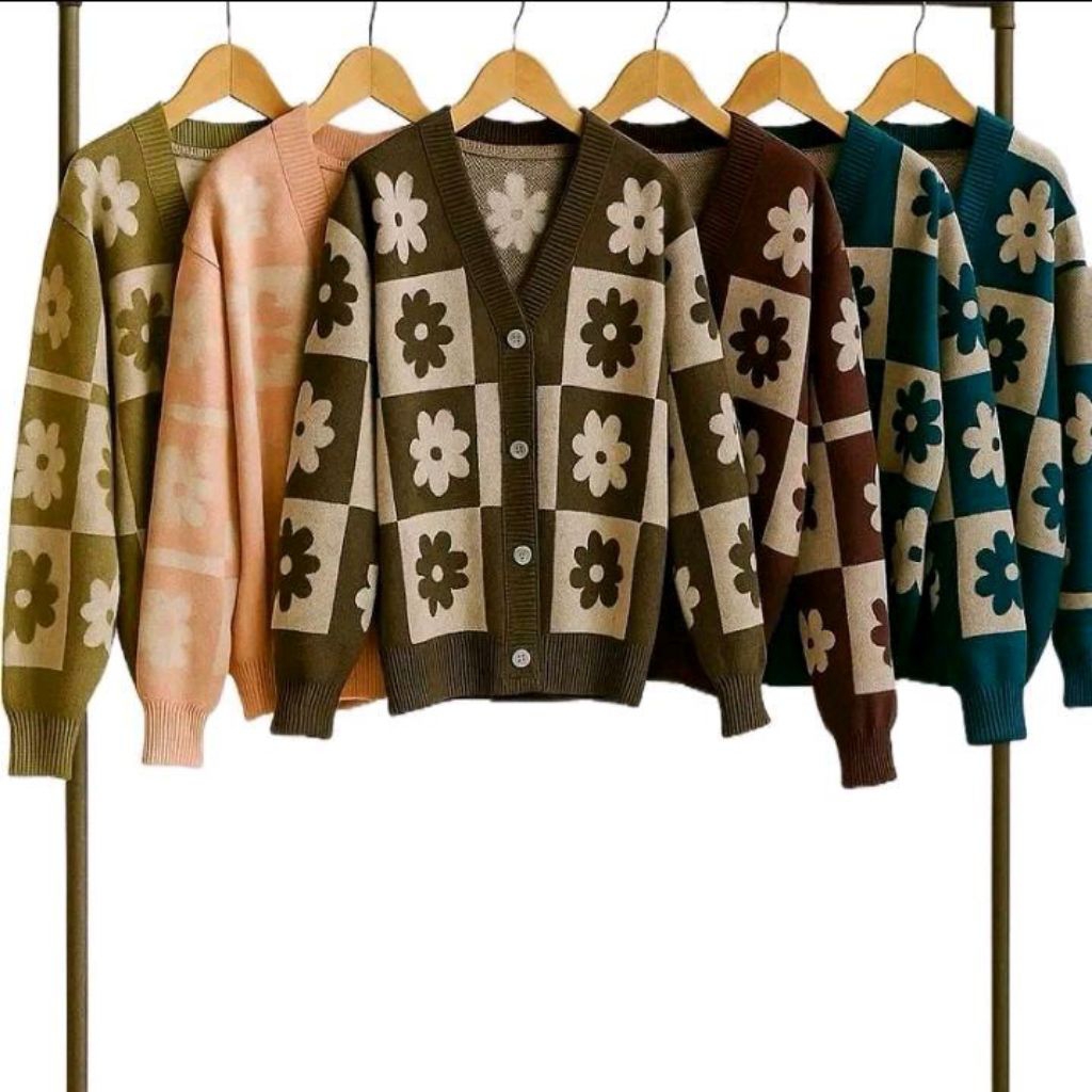 sweater rajut tebal premium/outer rajut panjang standar motif kotak bunga/satu ukuran fit to M muat 