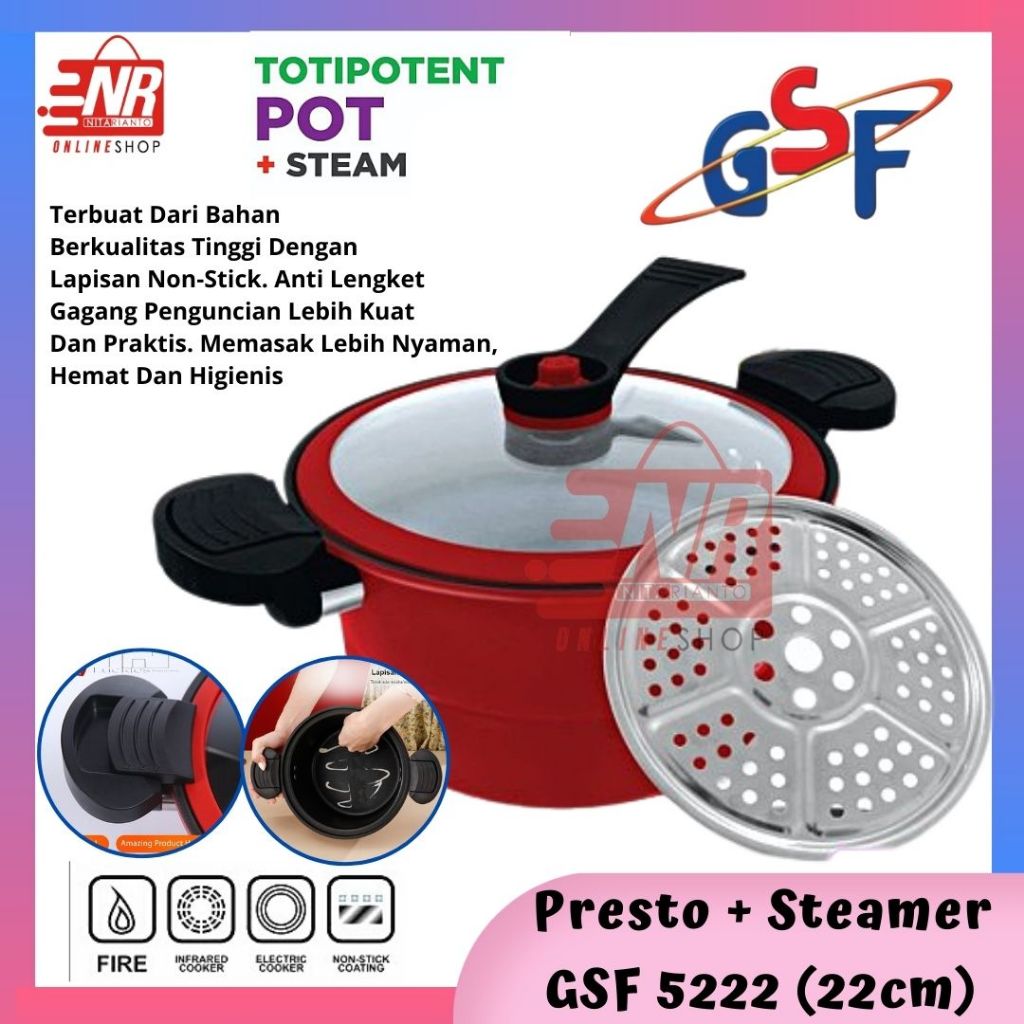 GSF Panci Presto & Steamer 22 cm Totipotent Pot GSF G-5222 Micro Pressure Teflon Anti Lengket Anti M