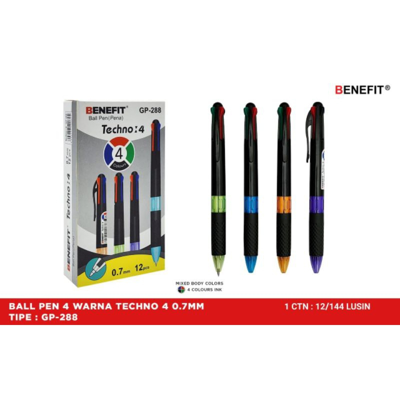 

(1 Kotak) Pulpen 4 Warna Benefit Gp-288 Techno / Ball Pen / Pena 0.7mm 4 Warna Benefit Gp-288 Techno