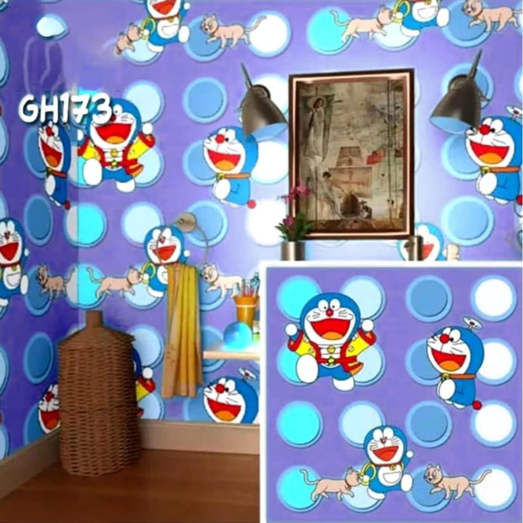 Wallpaper Dinding Karakter Anak Wallpaper Dinding Motif Doraemon Polka Biru [ M2M WALLPAPER ] Wallpa