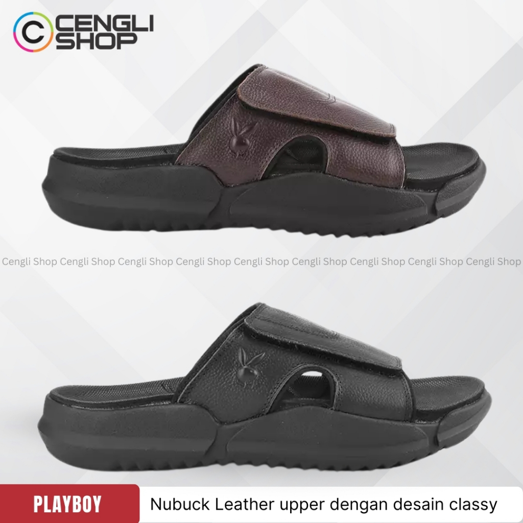 PL55 SANDAL SLIDE PLAYBOY PRIA ORIGINAL/SANDAL KULIT PLAYBOY ORI COKLAT BROWN