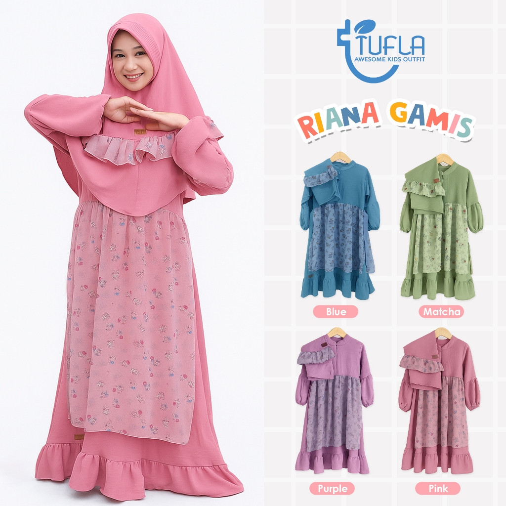 TUFLA KIDS - RIANA GAMIS Anak Perempuan Remaja Tanggung Bahan Crinkle Armany Motif Set Hijab 6 - 14 