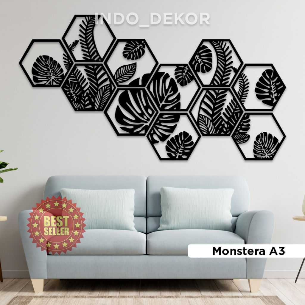 Hiasan Dinding Hexagonal Elegan Laser Cut 3D Hiasan dinding ukuran besar ukiran kayu (Monstera)
