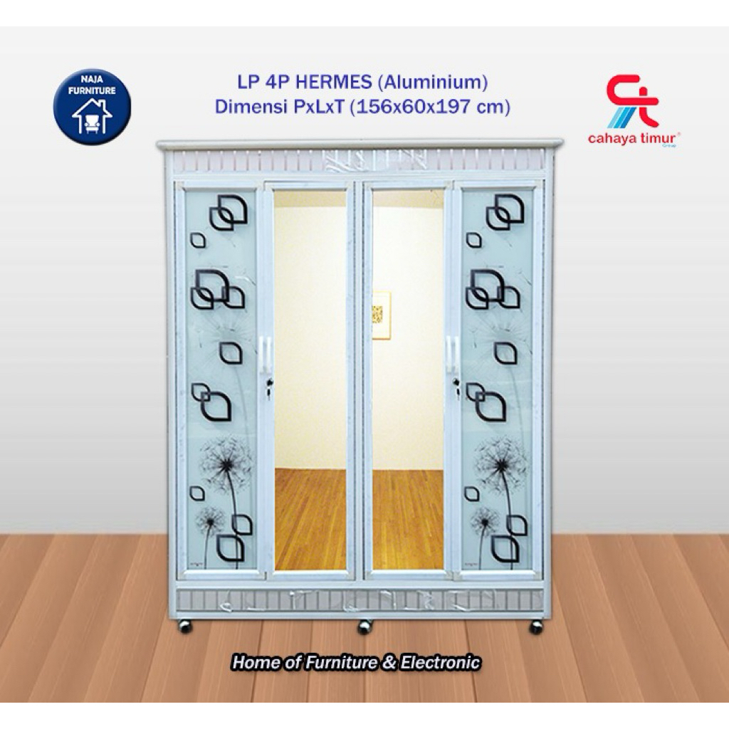 Lemari Pakaian 4 Pintu Aluminium | Lemari Pakaian Gantung + Cermin 4 Pintu Motif | Lemari Minimalis 