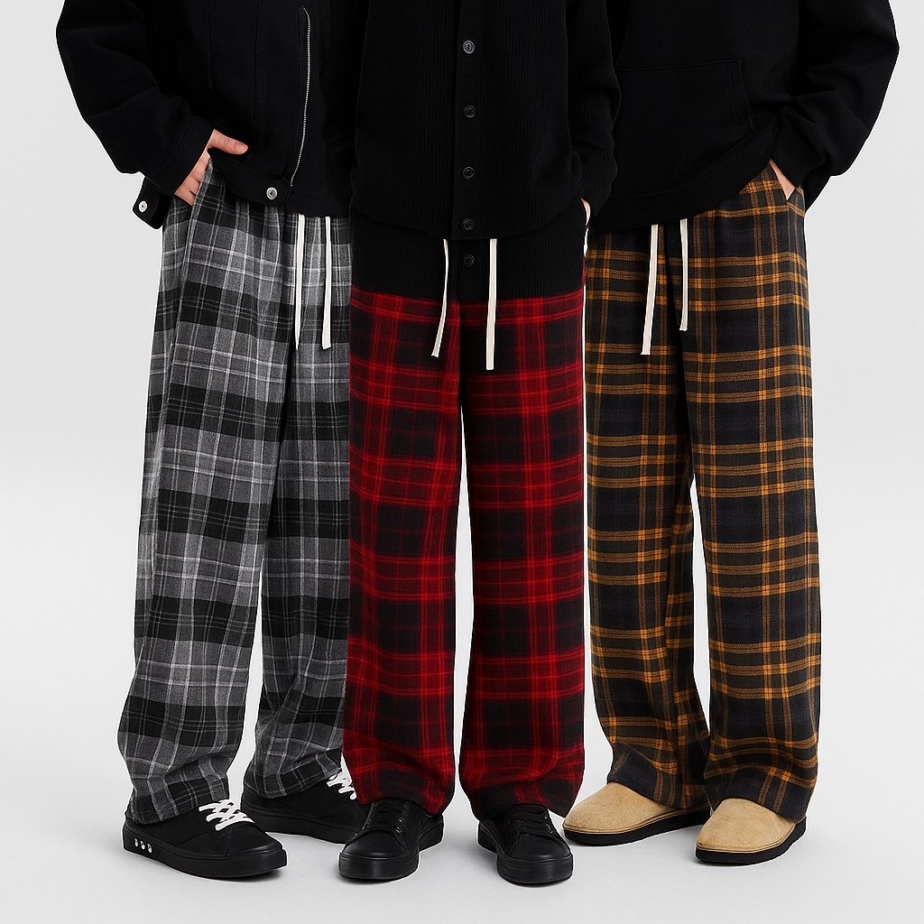 X-Gent Celana Panjang Kotak-Kotak Pria Casual Oversize Wide Leg Longgar Streetwear Unisex Korean Sty