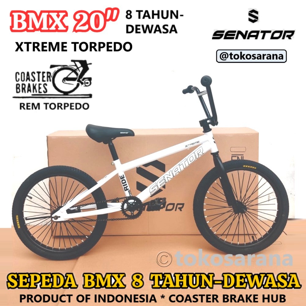 Senator Xtreme Rem Torpedo Sepeda BMX 20 Inci Rangka Steel Coaster Brake Hub Anak 8 Tahun Dewasa