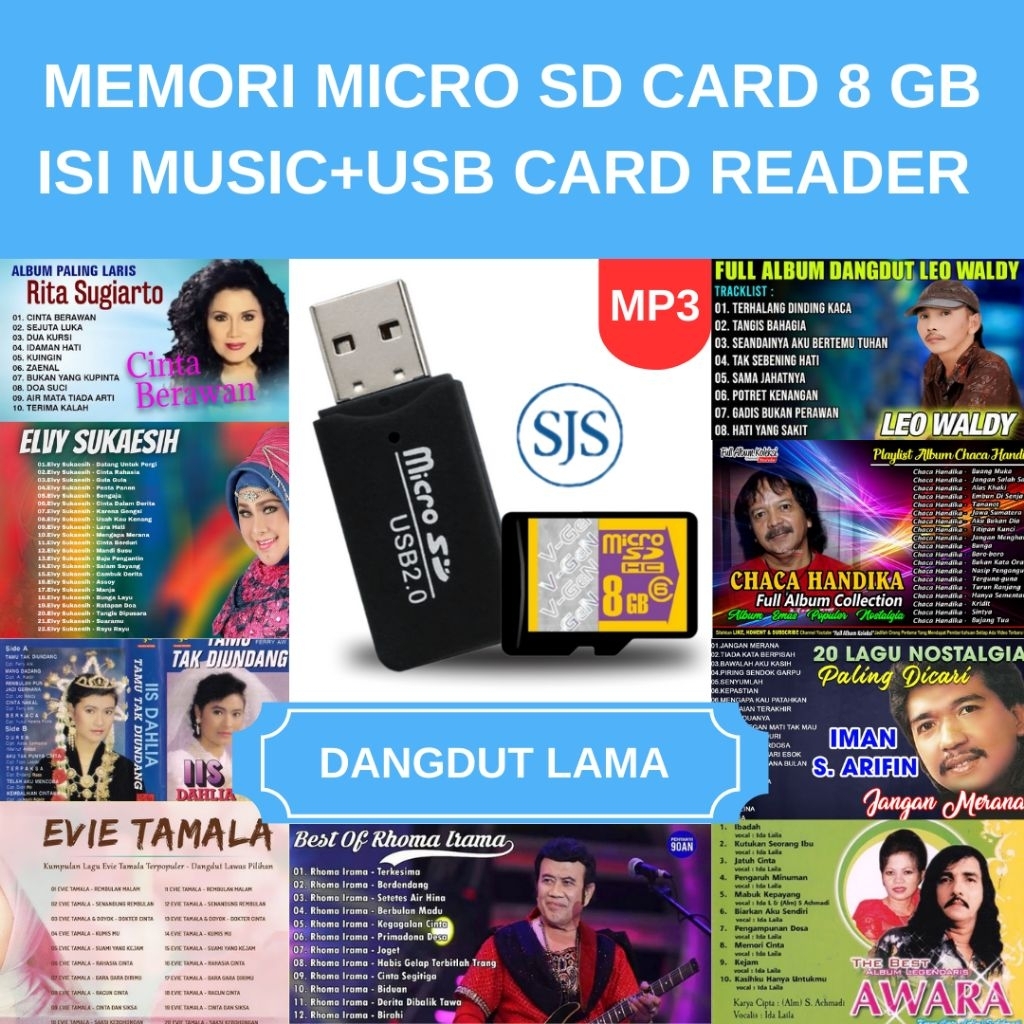 DANGDUT LAMA MP3, MEMORI MICRO SD CARD 8 GB ORI+FREE USB CARD READER