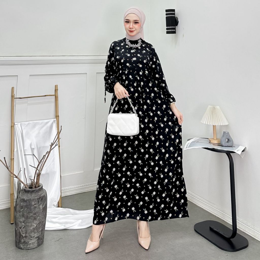 gamis hitam motif bunga dres wanita terbaru lengan panjang bahan rayon