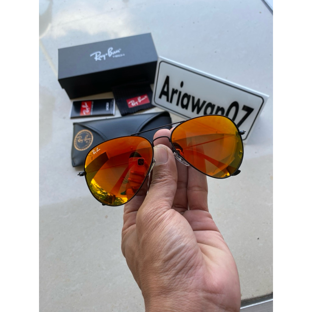 kacamata Ray-Ban aviatora frame hitam kaca orange