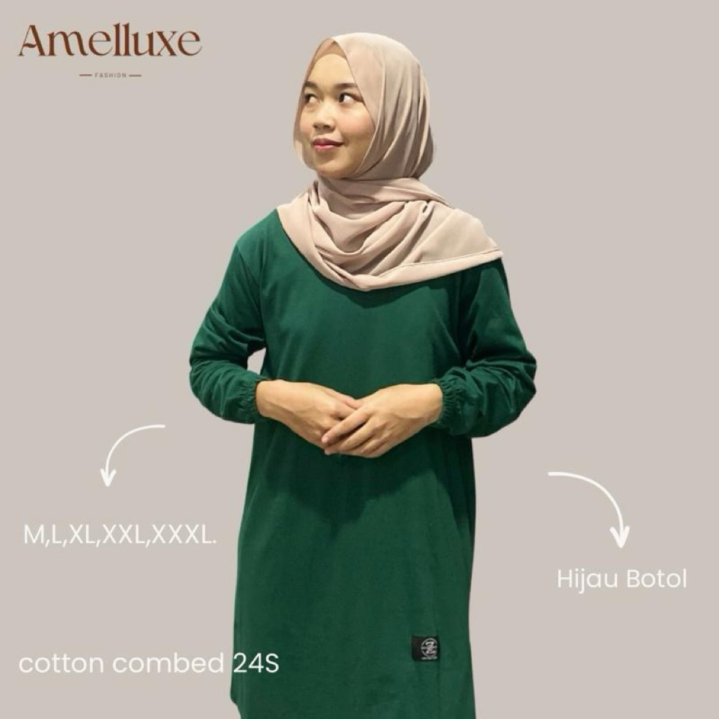 Atasan Tunik Polos Jumbo Warna Hijau Botol Lengan Panjang - Tunik Kaos Bahan Cotton Combed 24s