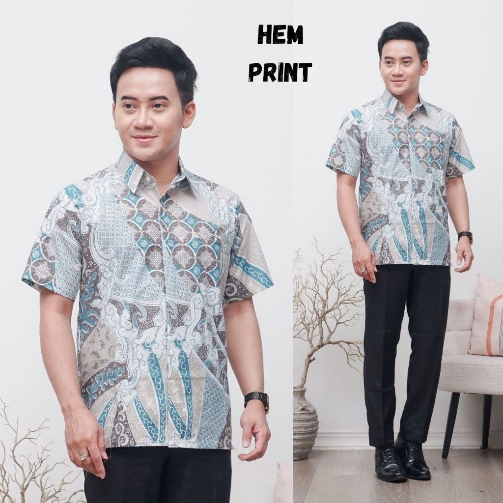 BAJU BATIK PRIA LENGAN PENDEK - HEM PRINT BATIK LAKI-LAKI DEWASA KEMEJA BATIK BERKERAH UKURAN M L XL
