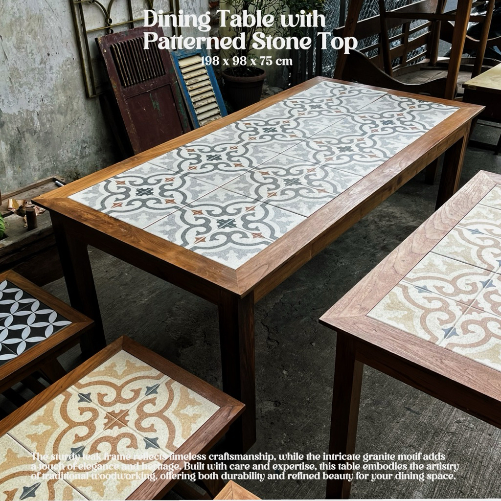 Meja Makan Kayu Jati Granit Motif