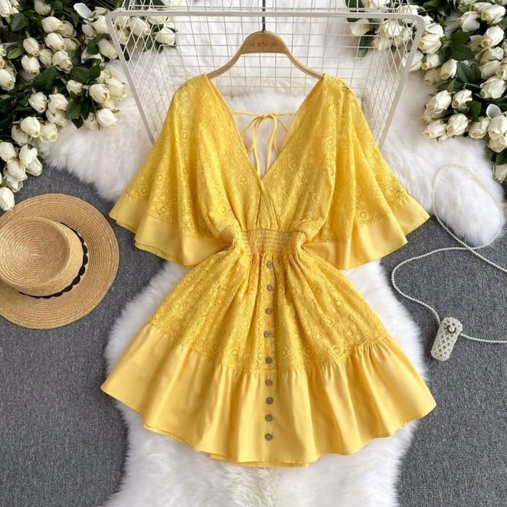 1801 Baju minidress Lace brokat TALEZA BOHO FLARE MINI DRESS Vneck rumbai Korean style wanita premiu
