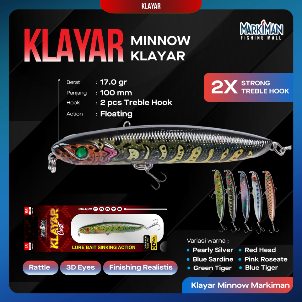 Minnow Klayar Markiman Umpan Pancing Floating 100mm 17.9gr Lure Realistis Aksi Mengapung 3D Eyes Cas