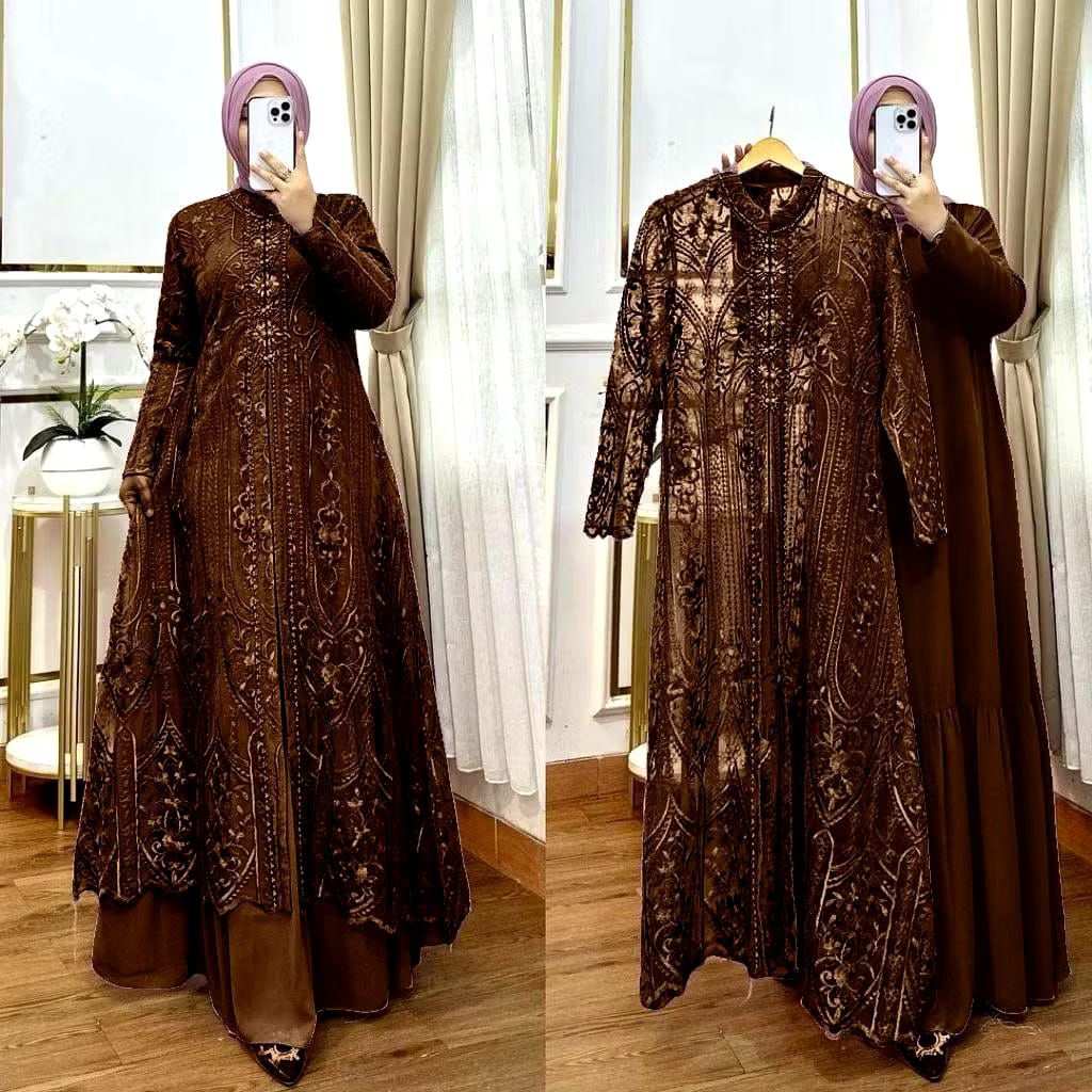 Baju Gamis Set Outer Terpisah Laksmi Dress Matt Ceruty Mix Brokat Model Gamis Muslim Pesta Terbaru//