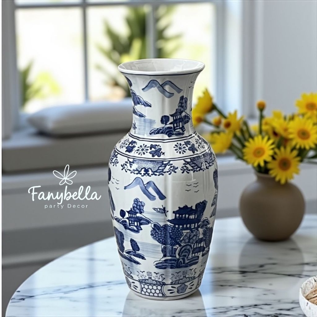 Vas Bunga Keramik Guci Biru Putih Oriental Vas Cina Ukuran 42 cm Aesthetic Mewah dekorasi Rumah Impo