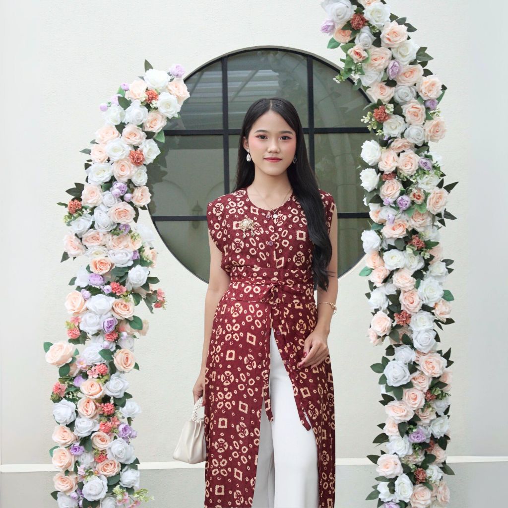 KINNAS - ALMA Long Outer Tunik Batik Viscose Loose Fit Kondangan Obi Belt - Outer Long Wanita kekini