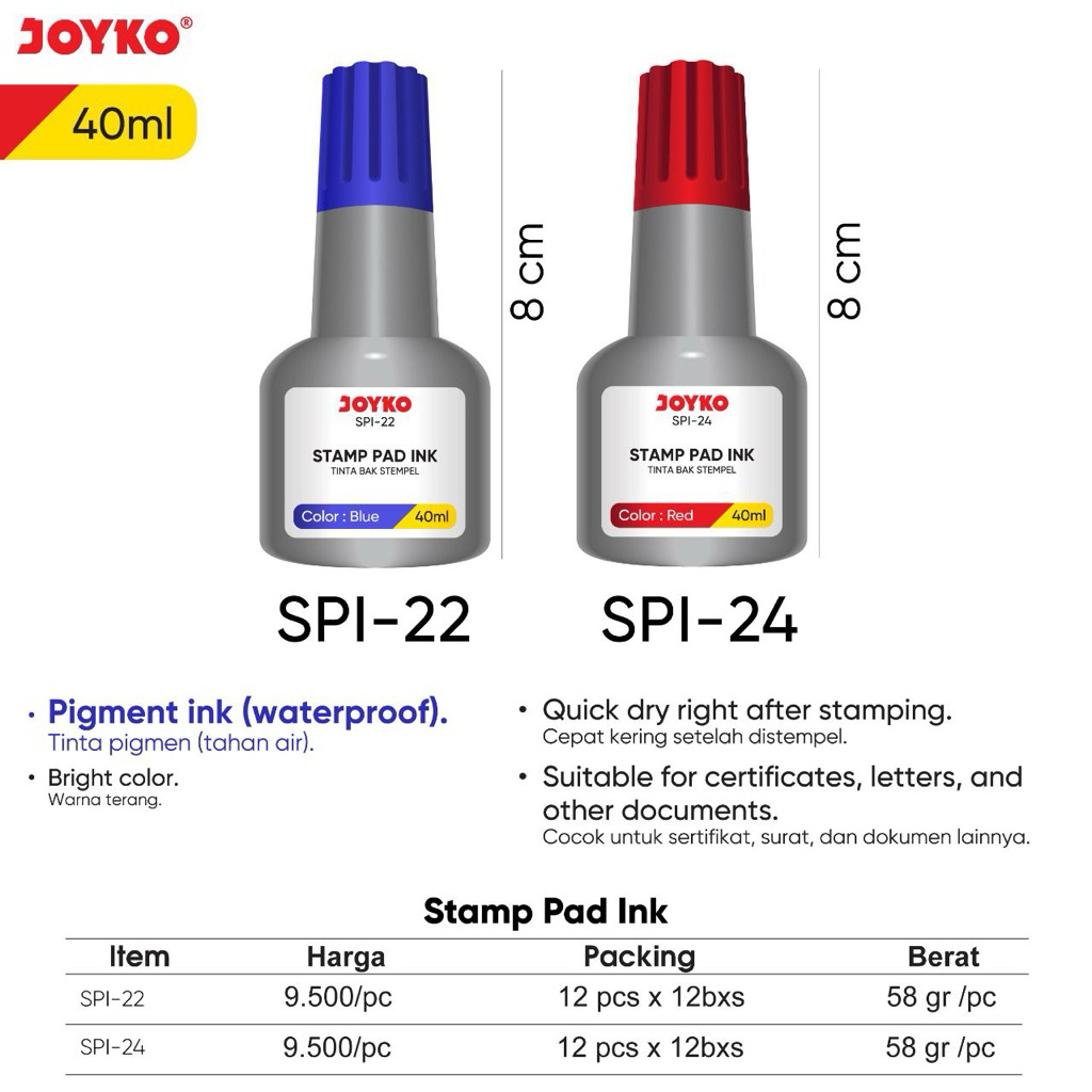 

( 1 pcs ) SPI-22 Joyko Stamp Pad Ink 40ml Black and Red / Refill Tinta Stempel SPI-24 40 ml Bright Colour Hitam dan Merah