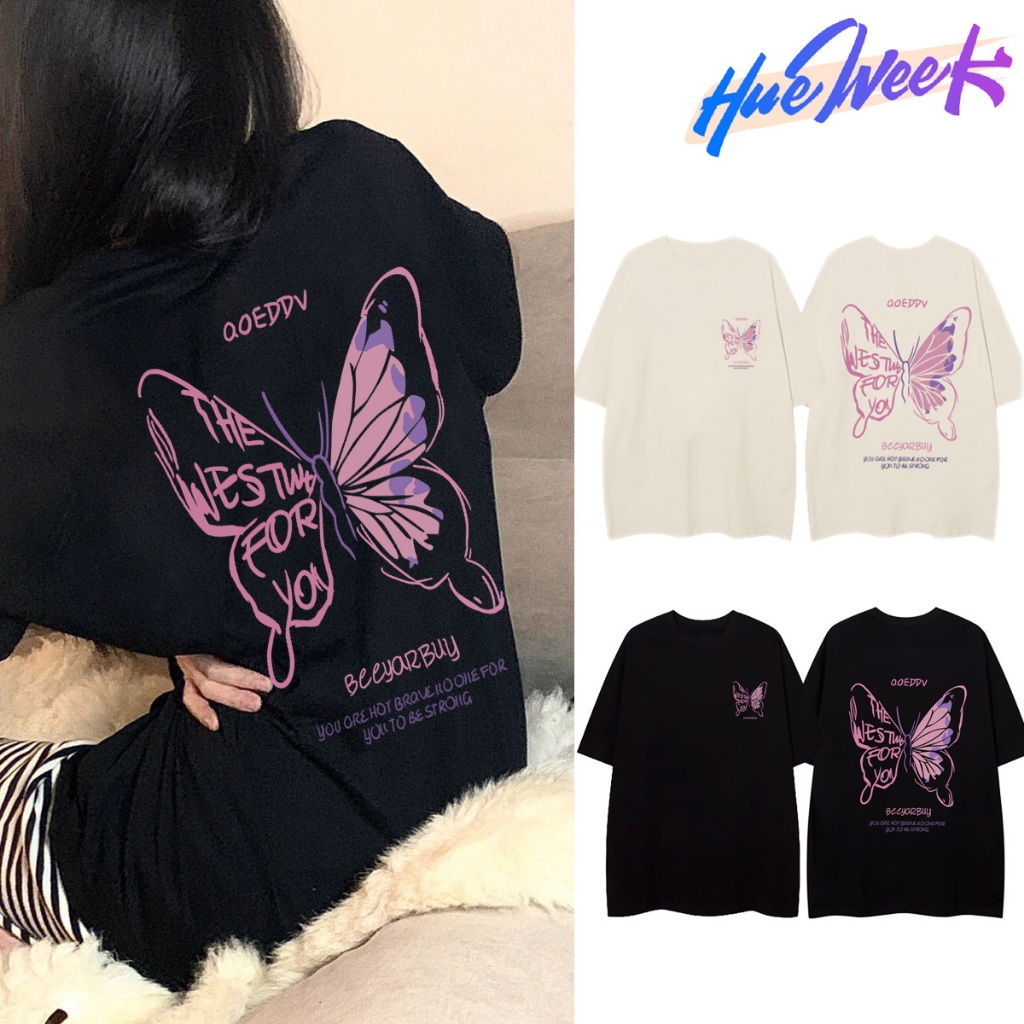 【Couple】HW. T-shirt Oversize Kupu-kupu Merah Muda baju Premium kaos korea | Kaos baju Wanita pria/13
