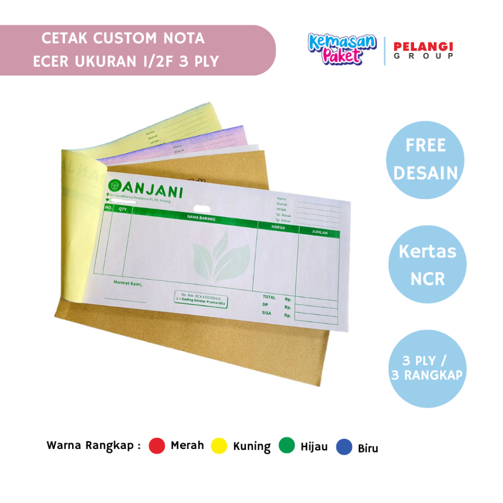 

CETAK NOTA ECER NOTA SATUAN 3 PLY RANGKAP 3 UKURAN 1/2 FOLIO BEBAS CUSTOM DESAIN