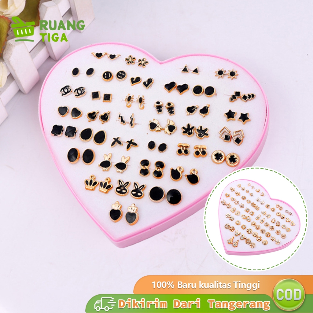 36Pasang Anting Set Tusuk Box Love Bahan Plastik Anting Mutiara  Hati Kancing Telinga Wanita