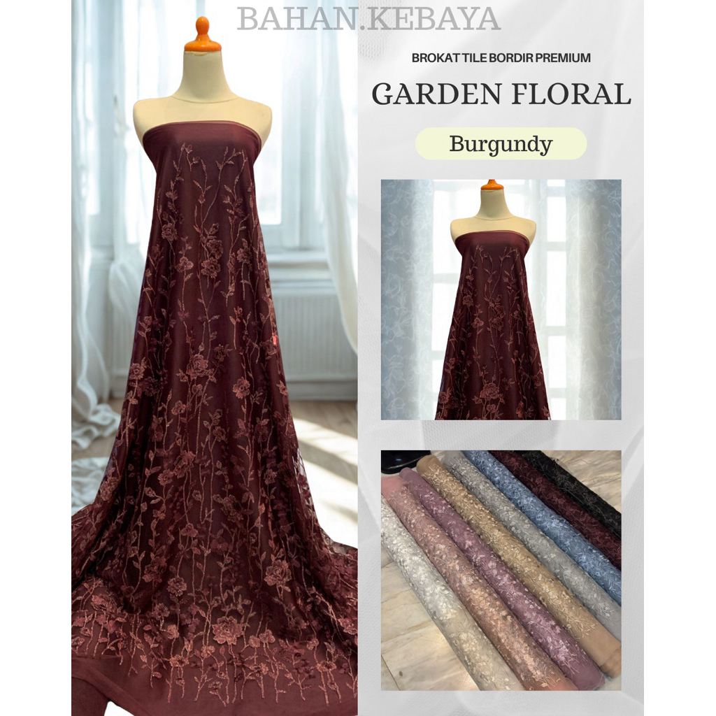 Bahan Kebaya Brukat Tile Exclusive Garden Floral Benang Metalic Warna Burgundy Ungu