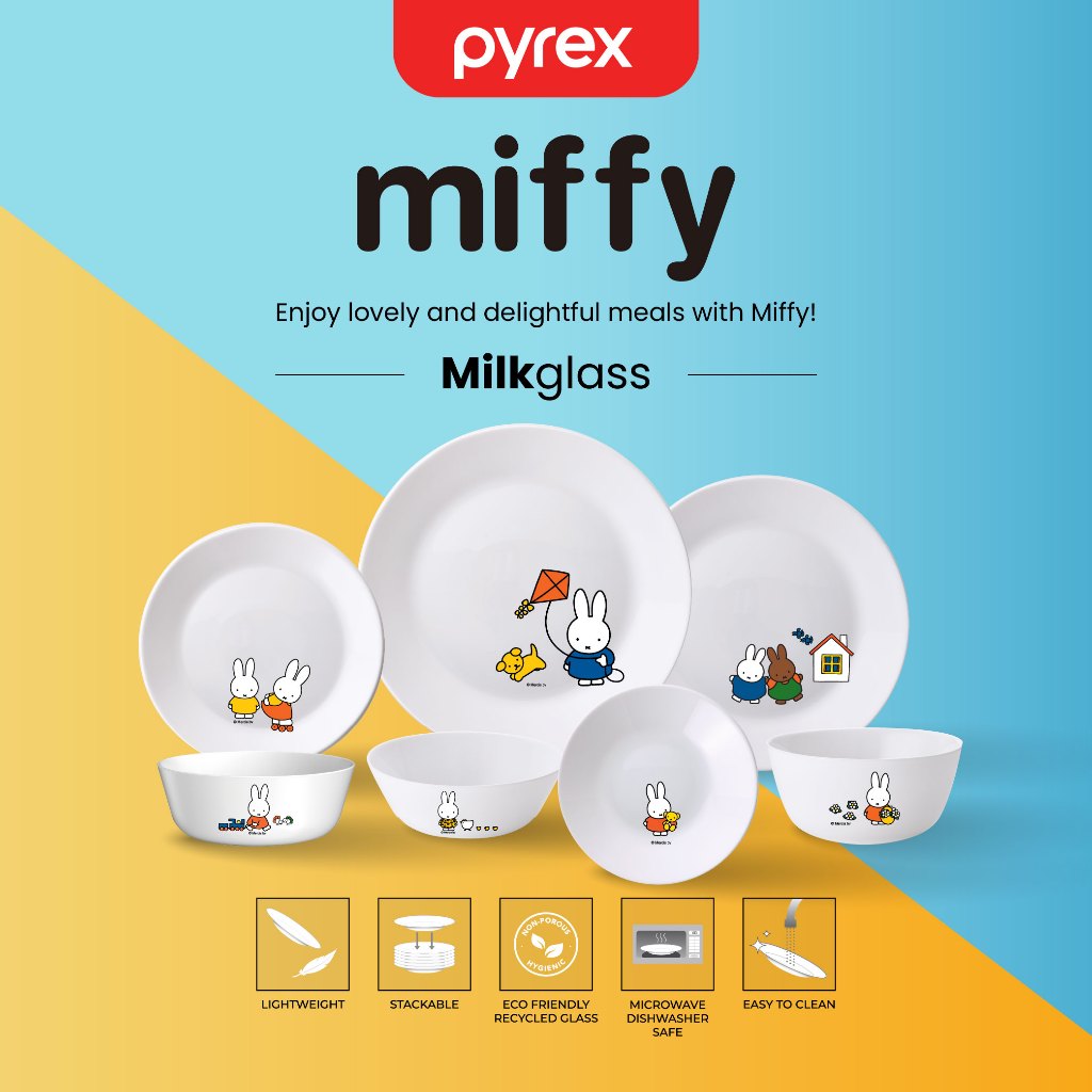 PYREX Miffy Set Piring & Mangkok Dinner 3pcs Milkglass Stylish Mudah Dibersihkan Permukaan Halus Mic