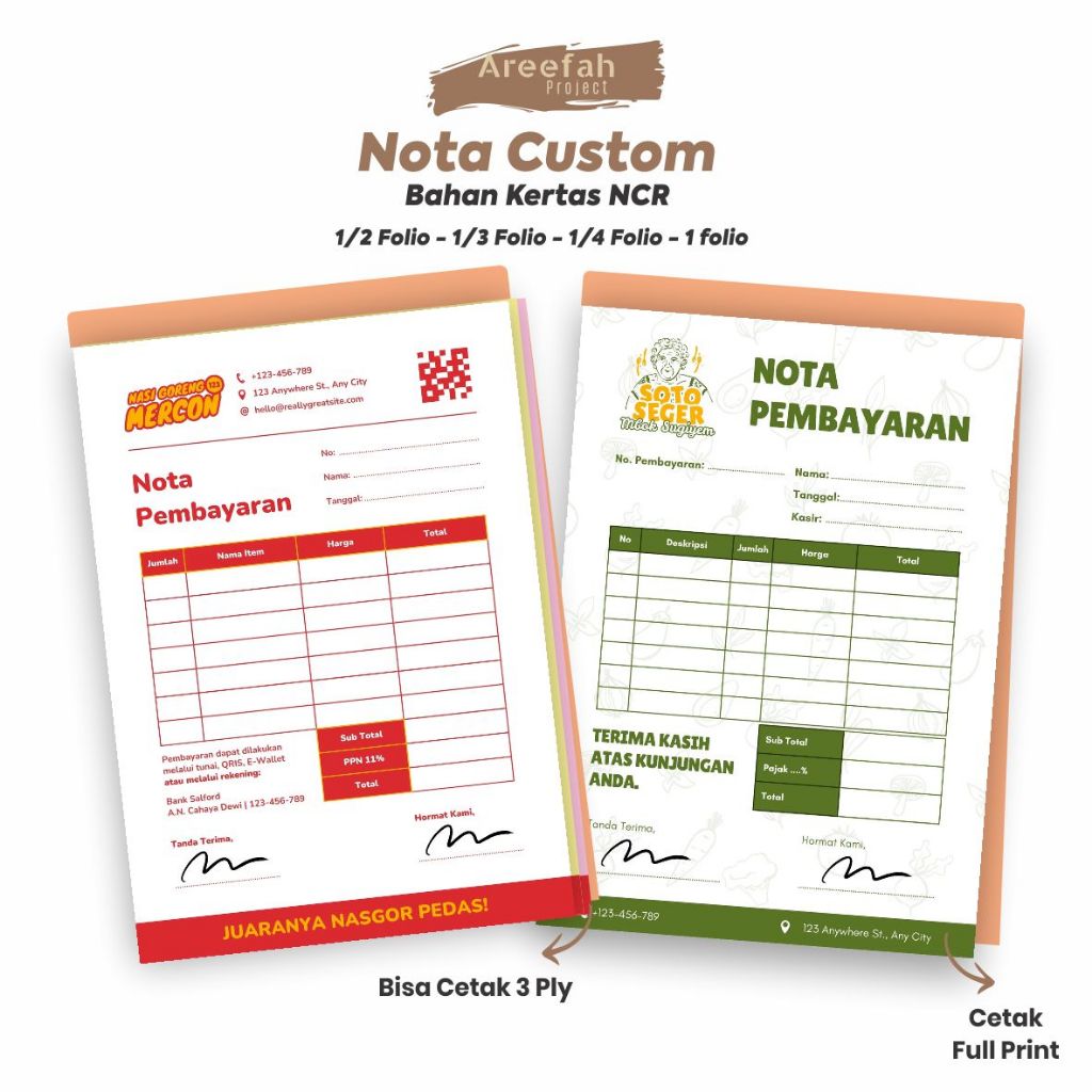 

Areefah Cetak Nota Custom | 2 Ply / 3 Ply | Isi 25 Set | Nota Usaha / Toko / Jualan