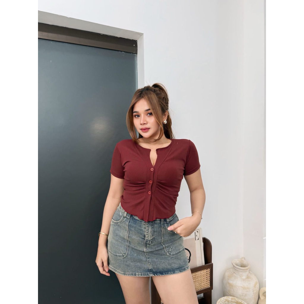 Top kancing rib/Crop top/Atasan wanita/Atasan kancing