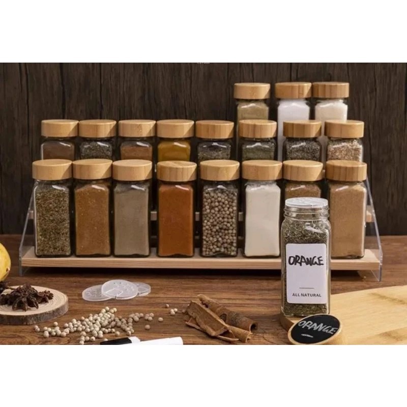 BOTOL KACA BUMBU 120ML / TEMPAT BUMBU BUBUK TRANSPARAN TUTUP BAMBU ESTETIK