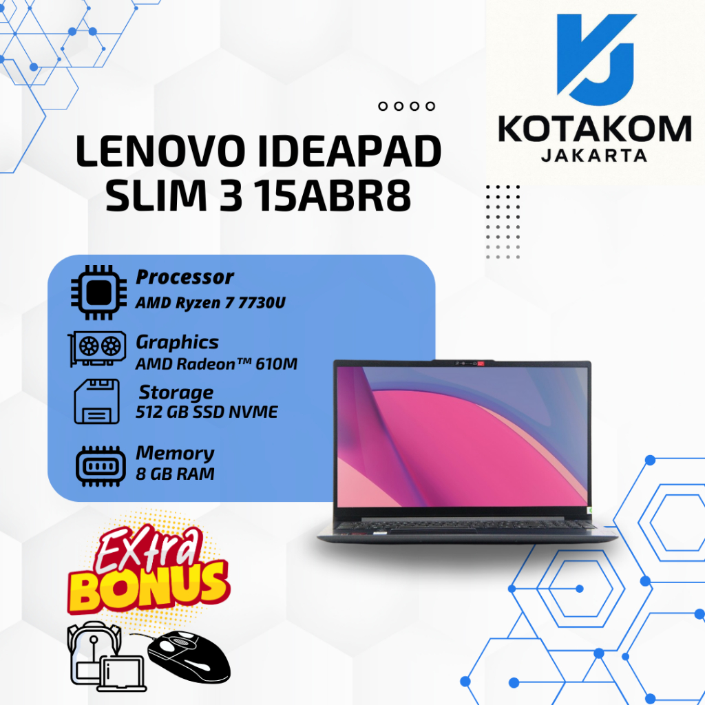 Lenovo IdeaPad Slim 3 15ABR8 Ryzen 7 7730U Laptop Tipis Kencang untuk Kerja & Kuliah