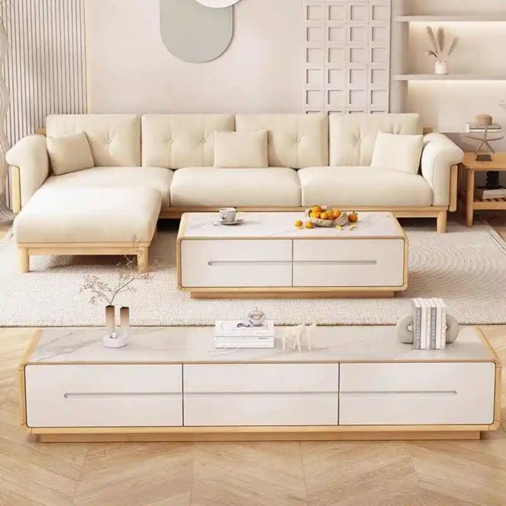 Sofa ruang tamu L shape modern kayu jati set nakas tv panjang