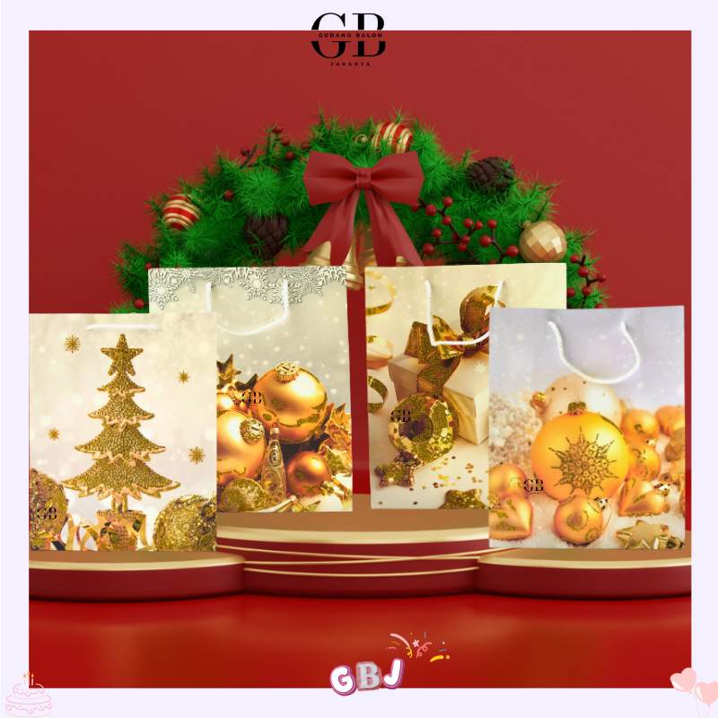 

GBJ - Paper Bag Natal Glitter Gold / Goodie Bag Christmas
