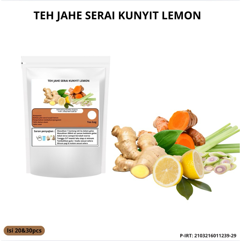 

TEH CELUP HERBAL JAHE SERAI KUNYIT LEMON |Ginger|lemongrass|Turmeric|lemon (Mengurangi peradangan & mendetoks tubuh ) isi 20&30pcs tea bag herbal