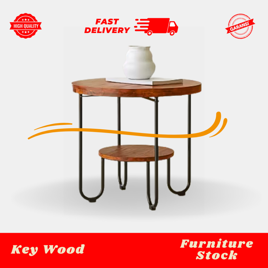 INDUSTRIAL | Key Wood Industrial Round Coffee Table | Meja Kopi Industrial Kaki Besi | 60 x 54