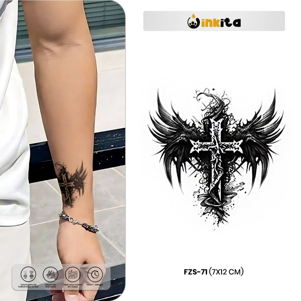 INKITA-Stiker Tato Temporer Salib Sayap Waterproof 1-2 Minggu Fruit Ink
